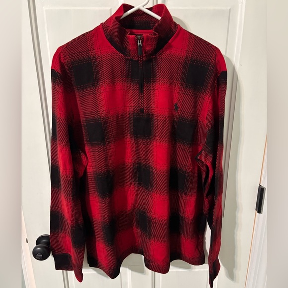 NWOT Polo Ralph Lauren - Men's Estate Rib Quarter Zip Pullover Red/Black Plaid L - Picture 1 of 8